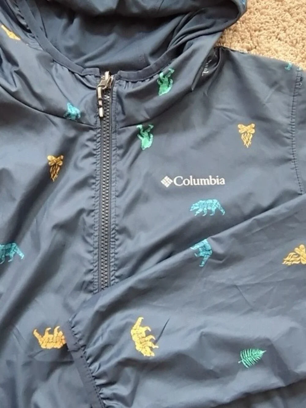 Columbia Navy Hooded Jacket with Teal and Gold Animal Motifs